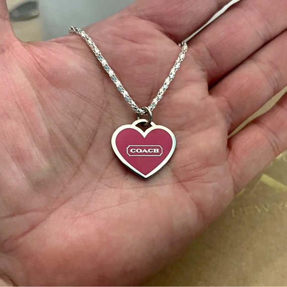 Coach Pink Enamel Heart Pendant .925 Sterling Silver Necklace - Picture 5 of 7